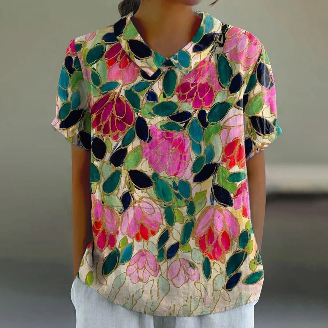 2025 Summer Women's Blouse Casual Print Short Sleeve T-Shirt Fit Lapel Neck Blouse Fashion Trend Button Blouses for Woman Tops
