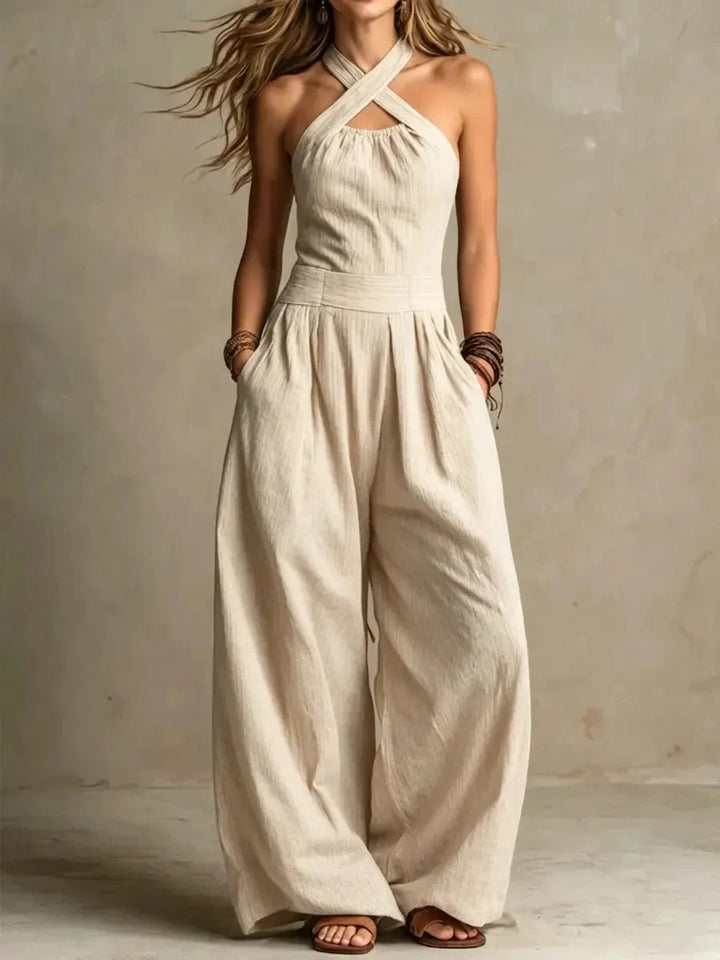 Women's Cross-Neck Halter Design Cotton-Linen Jumpsuit Comfortable Breathable Jumpsuit for Summer