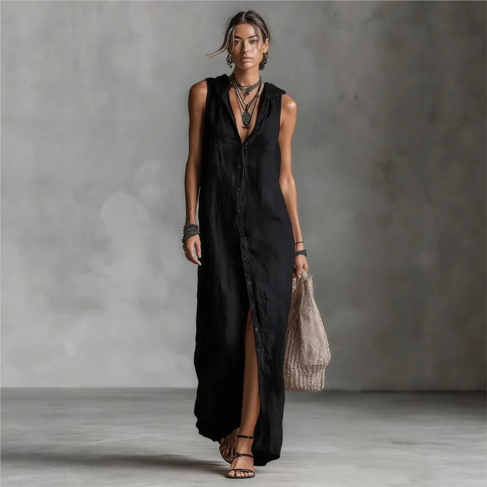 Celeste™ | Elegant Hooded Linen Vest Dress
