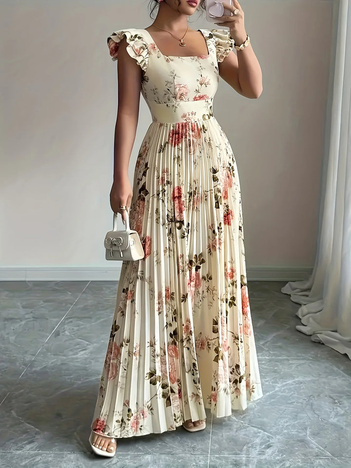Isabeau | Beige Floral Pleated Midi Dress