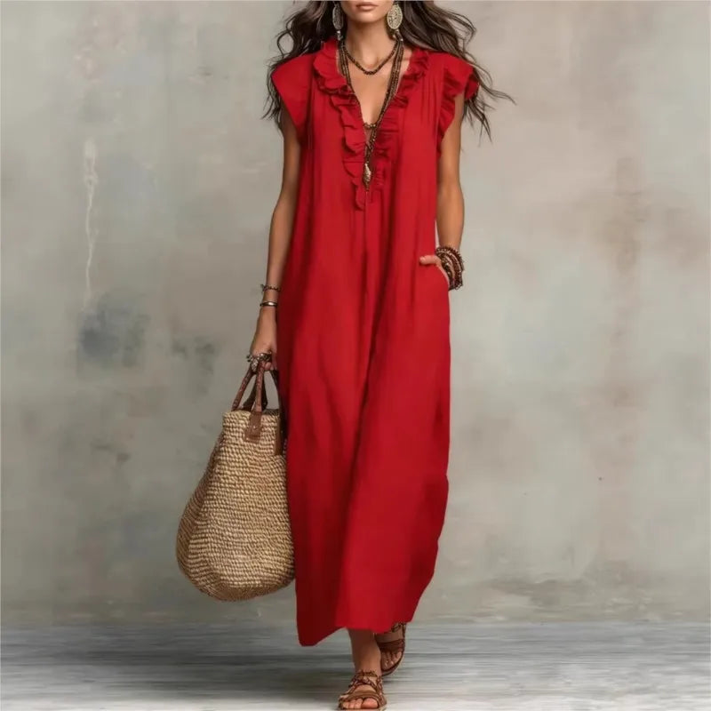 Leonora™ | Elegant Linen V-Neck Pocket Dress