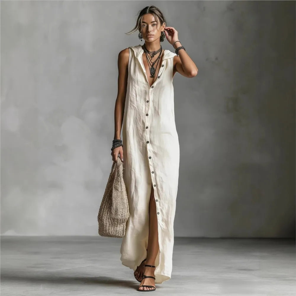 Celeste™ | Elegant Hooded Linen Vest Dress
