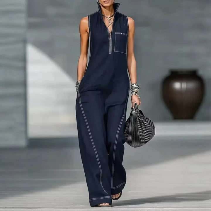Ladies Stand Up Collar Sleeveless Loose Cotton Linen Jumpsuit