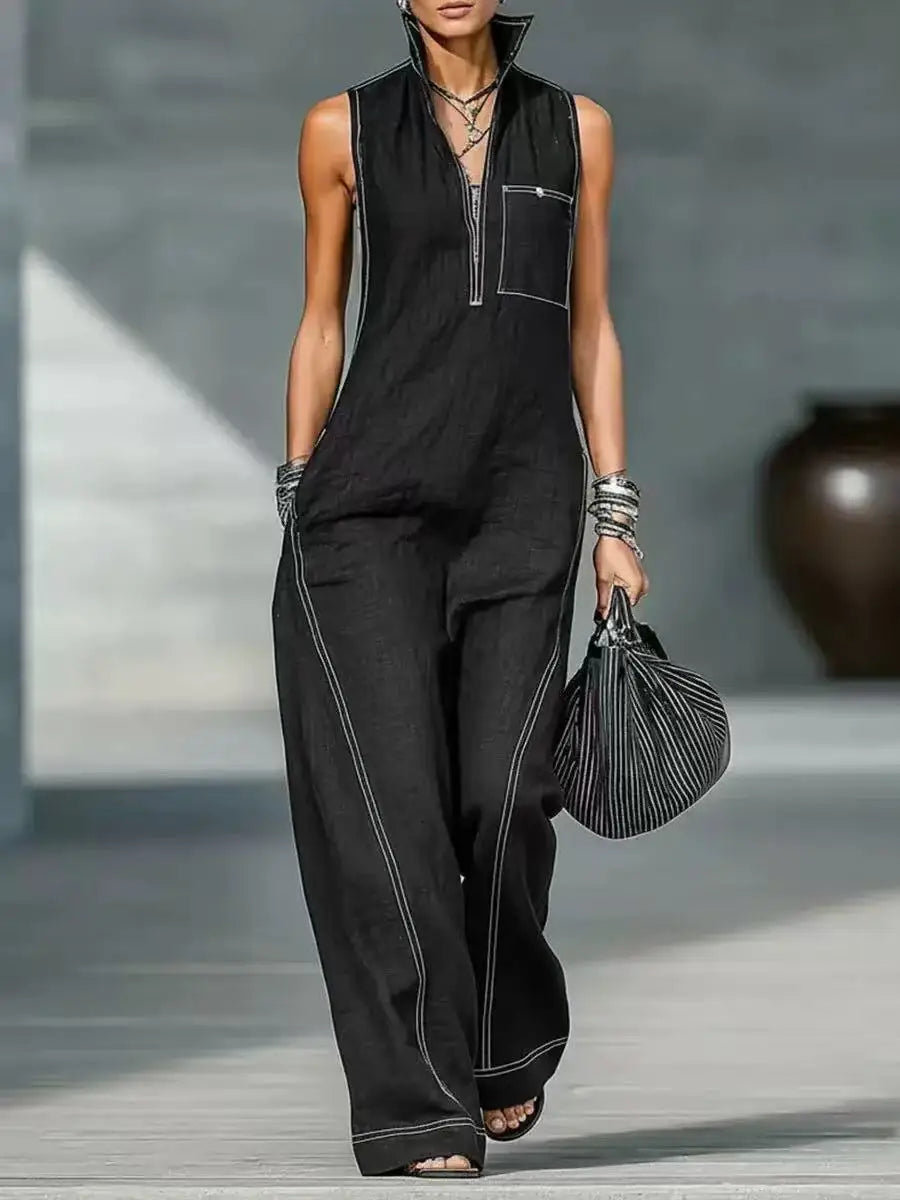 Ladies Stand Up Collar Sleeveless Loose Cotton Linen Jumpsuit