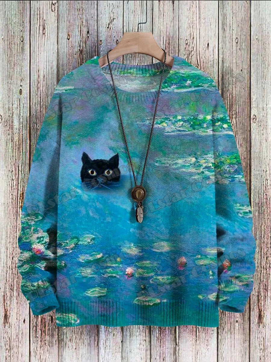 Aurora | All-Over Cat Art Knit Pullover