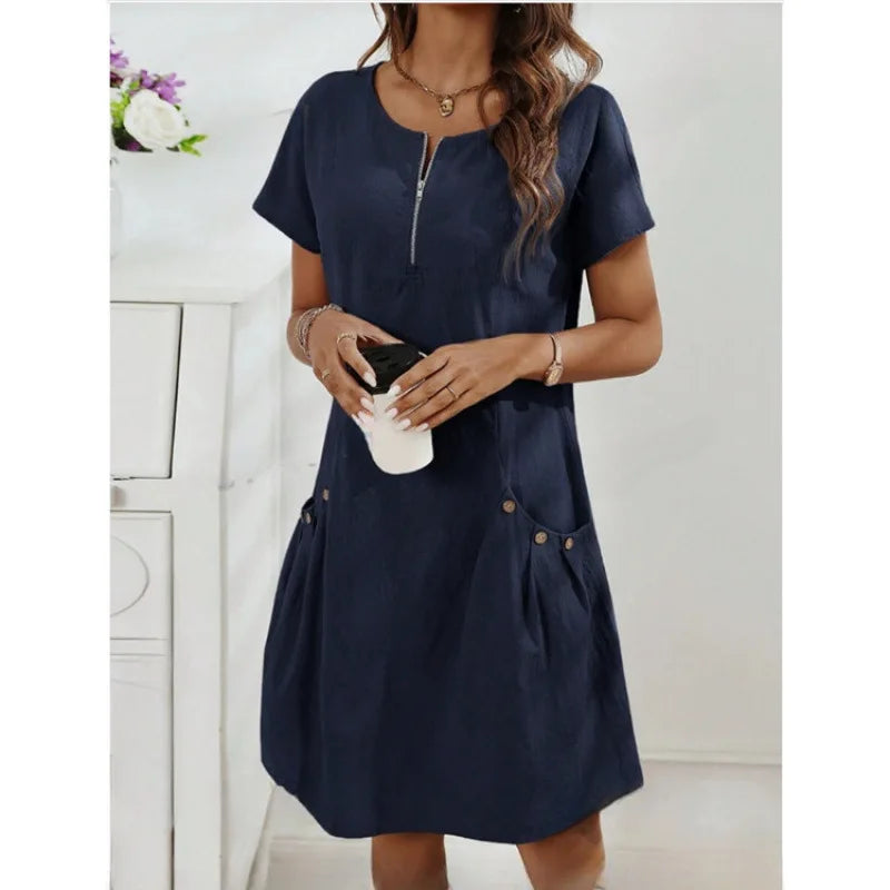 Women's Zip-Collar Pocket Dress — Short Sleeve Summer Knit Cotton Blend Dress