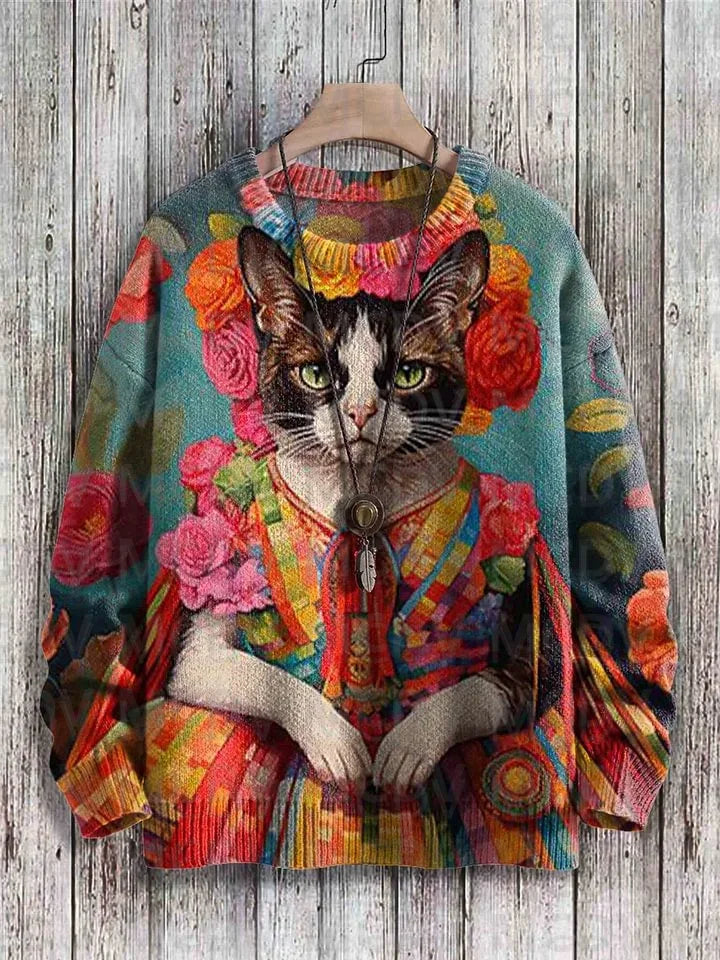 Frida | Artistic Cat Print Knit Pullover