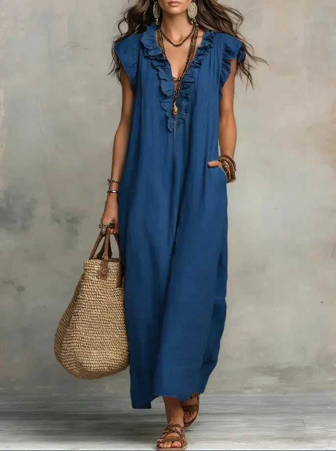 Leonora™ | Elegant Linen V-Neck Pocket Dress