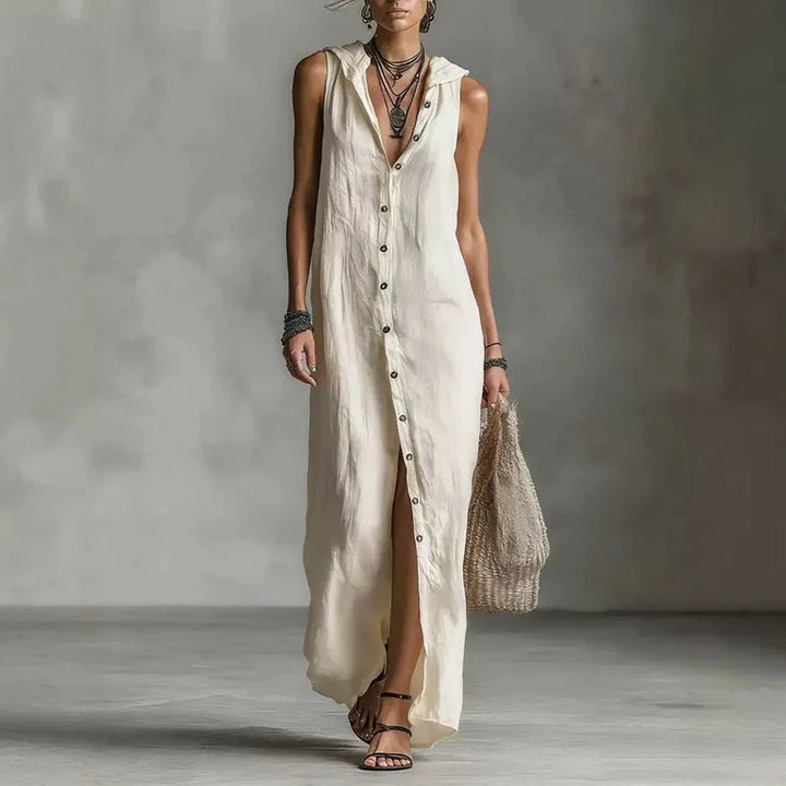 Isadora™ | Elegant Slit Linen Hooded Dress