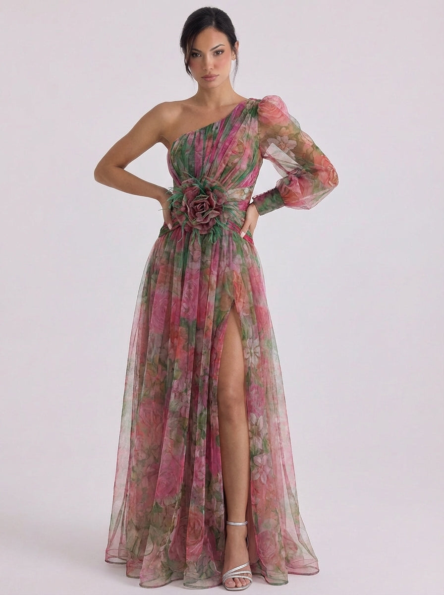 Callie | Tulle One-Shoulder Ombre Maxi Dress With Rosette Belt