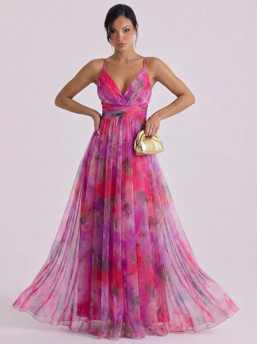 Imogen | Tulle Pleated Ombre Maxi Dress With Crisscross Waist
