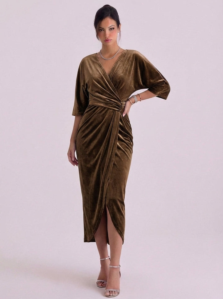 Ava | Velvet Wrap Midi Dress With Kimono