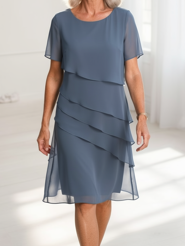 Daphne | Layered Round-Neck Short-Sleeve Midi Cocktail Dress
