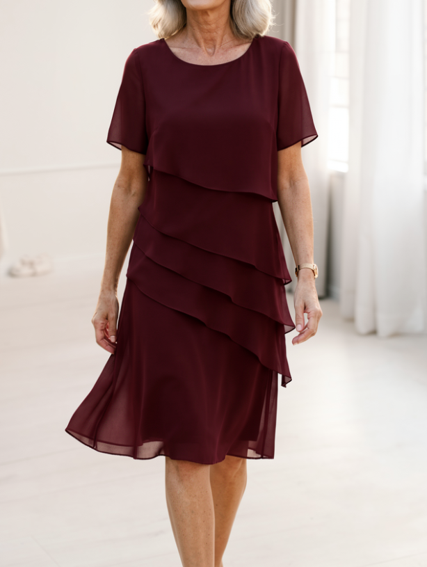 Daphne | Layered Round-Neck Short-Sleeve Midi Cocktail Dress