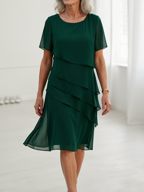 Daphne | Layered Round-Neck Short-Sleeve Midi Cocktail Dress
