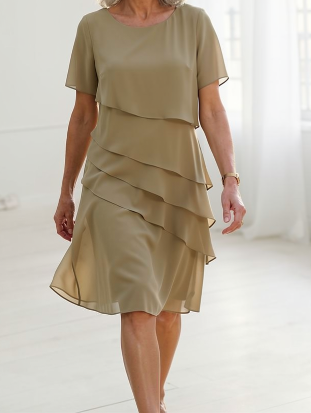 Daphne | Layered Round-Neck Short-Sleeve Midi Cocktail Dress