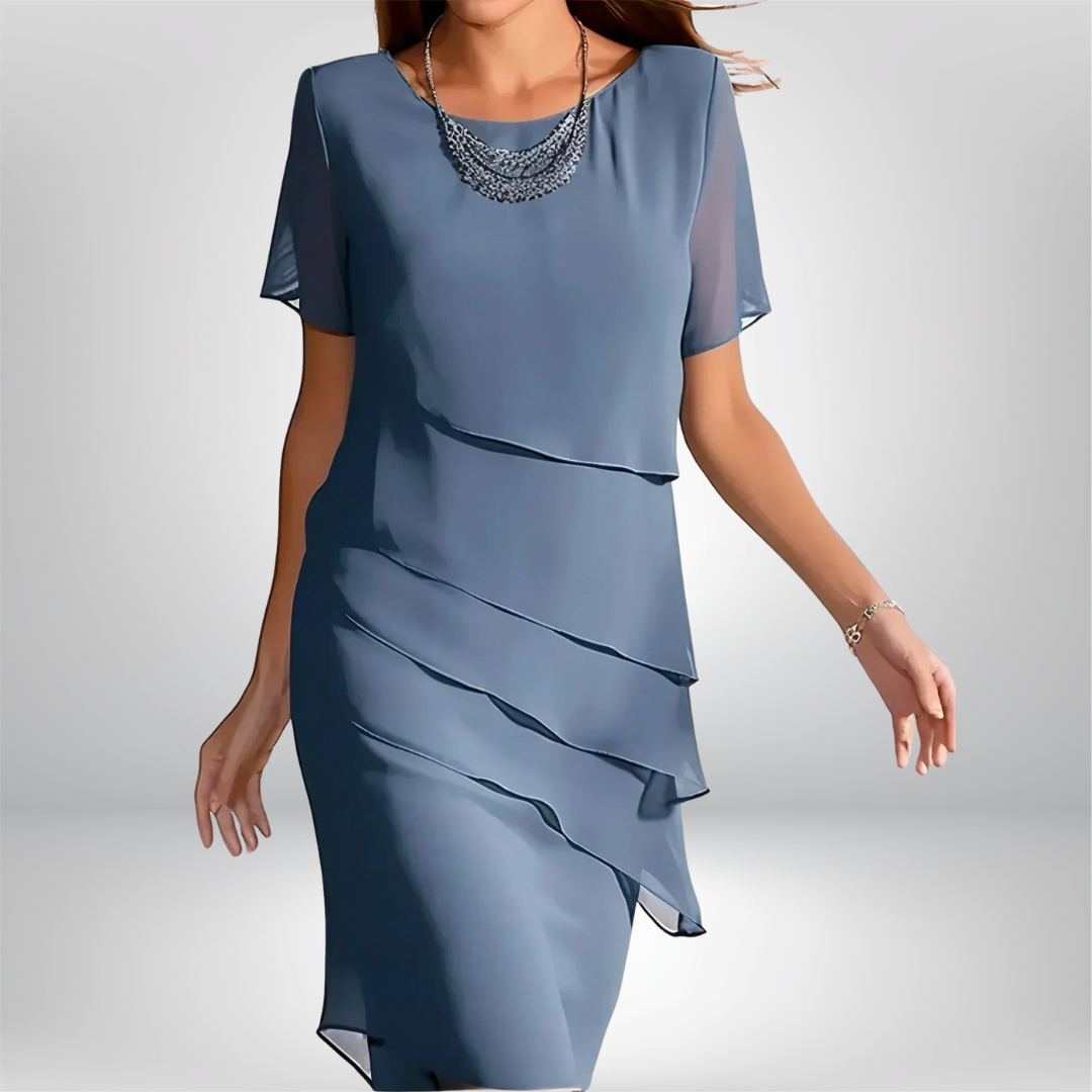 Vivienne | Layered Round-Neck Short-Sleeve Asymmetric Midi Dress