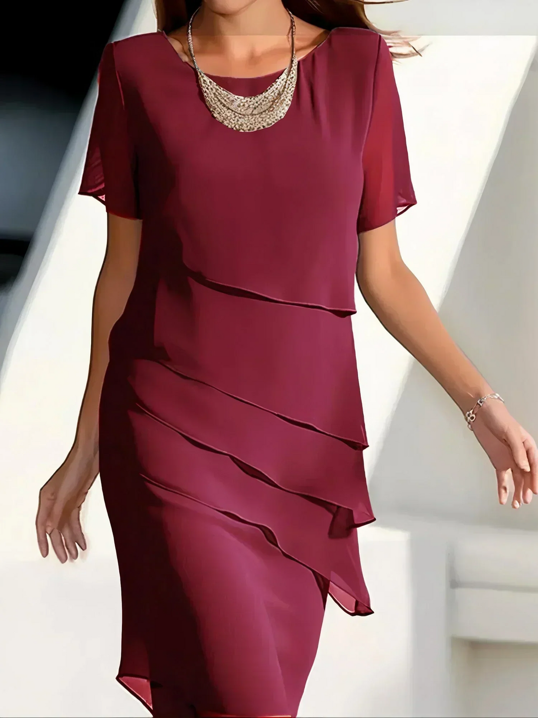 Vivienne | Layered Round-Neck Short-Sleeve Asymmetric Midi Dress