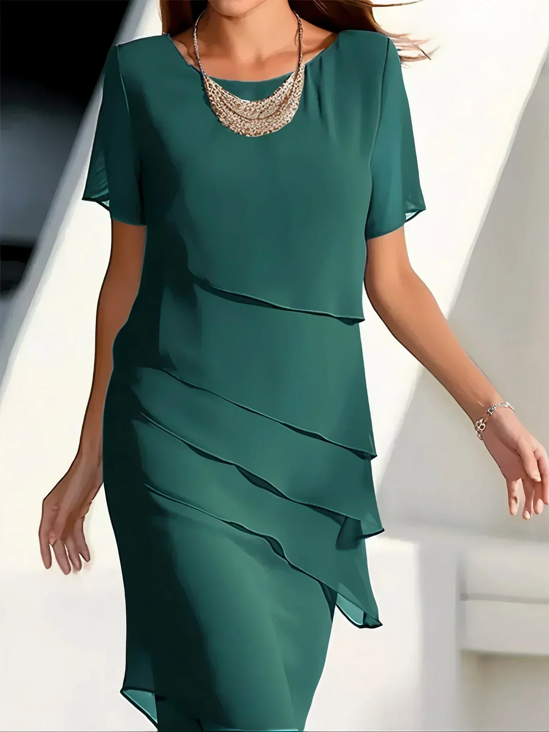 Vivienne | Layered Round-Neck Short-Sleeve Asymmetric Midi Dress