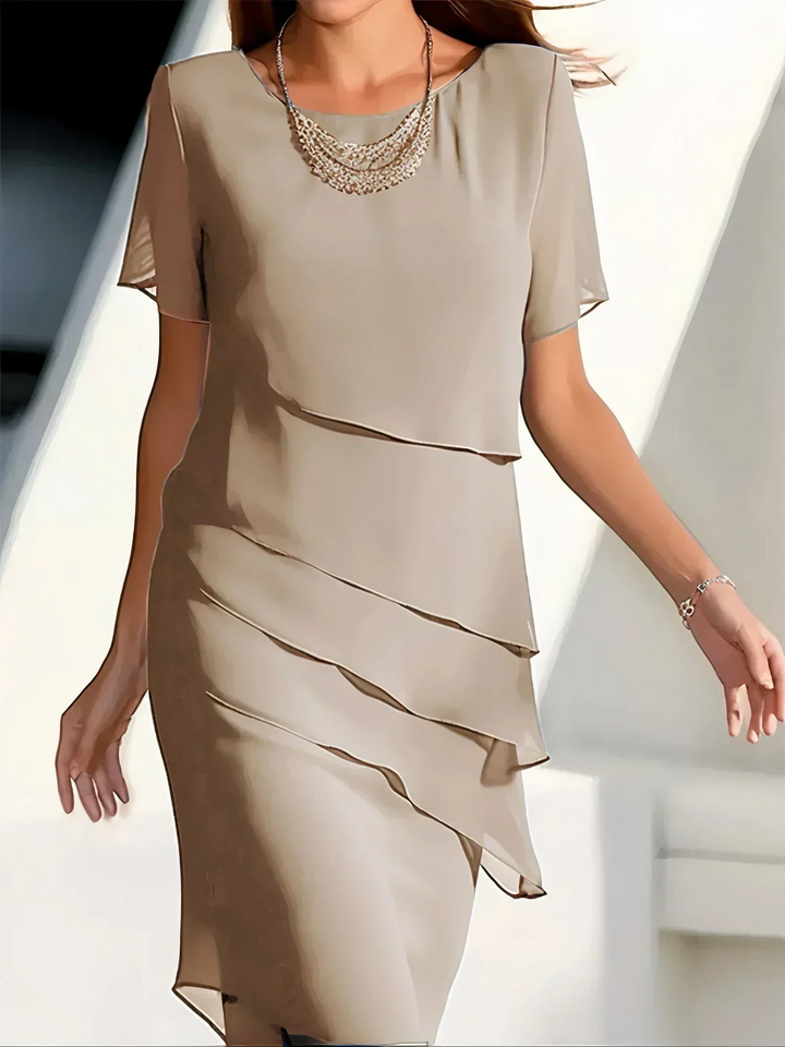 Vivienne | Layered Round-Neck Short-Sleeve Asymmetric Midi Dress
