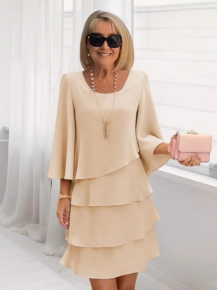 Celine | Scoop-Neck 3/4-Sleeve Tiered Ruffle A-Line Dress