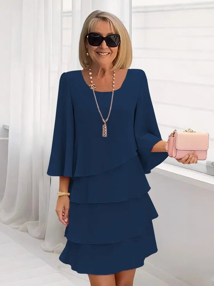 Celine | Scoop-Neck 3/4-Sleeve Tiered Ruffle A-Line Dress