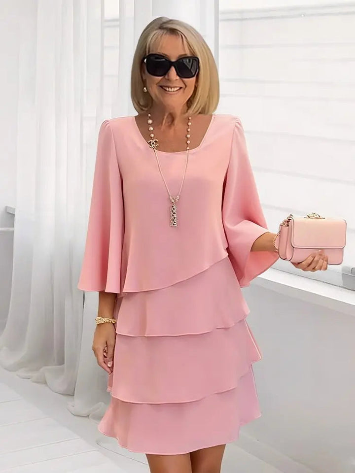 Celine | Scoop-Neck 3/4-Sleeve Tiered Ruffle A-Line Dress