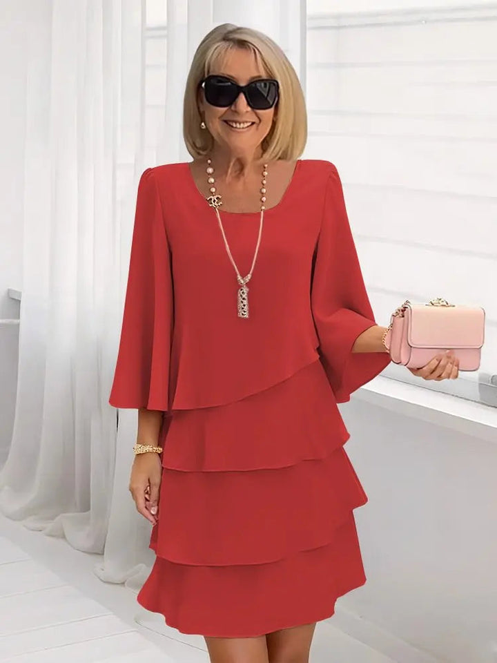 Celine | Scoop-Neck 3/4-Sleeve Tiered Ruffle A-Line Dress
