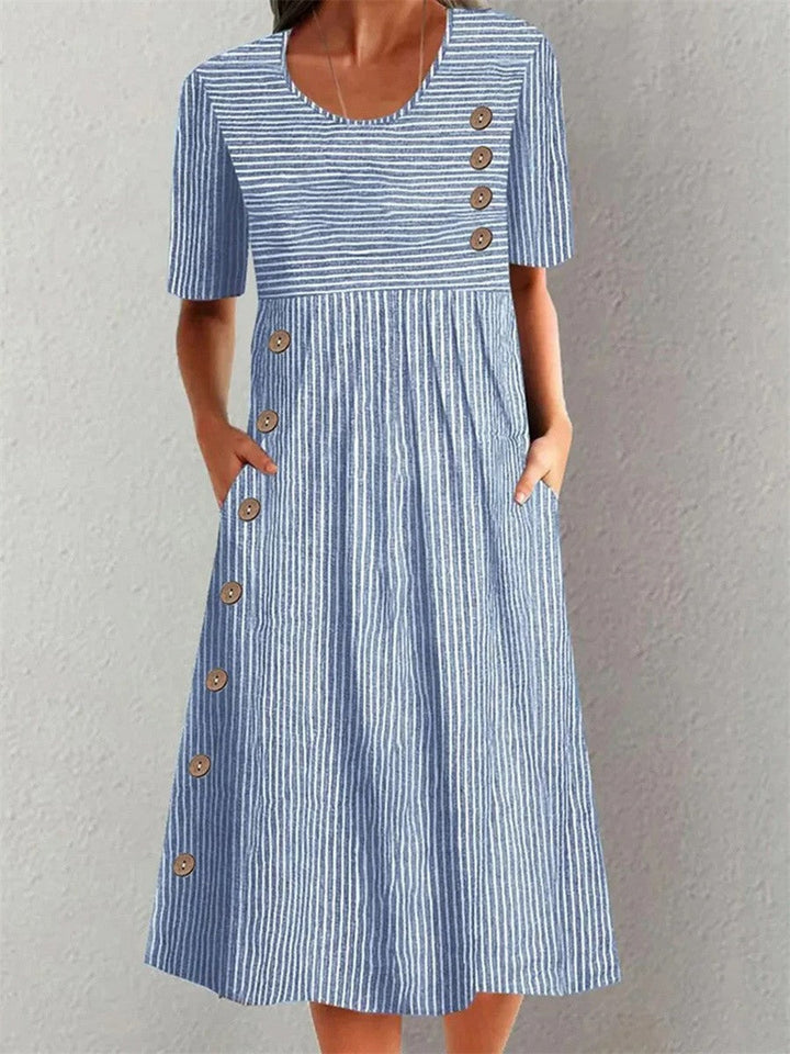 Adeline | Striped Scoop-Neck Short-Sleeve A-Line Midi Dress