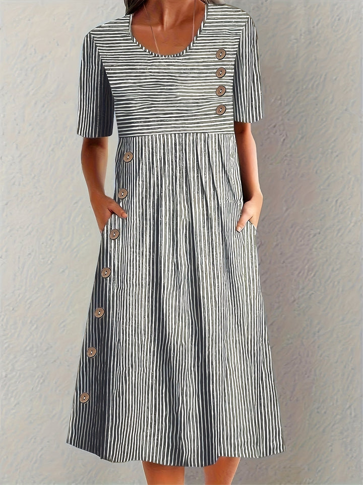 Adeline | Striped Scoop-Neck Short-Sleeve A-Line Midi Dress
