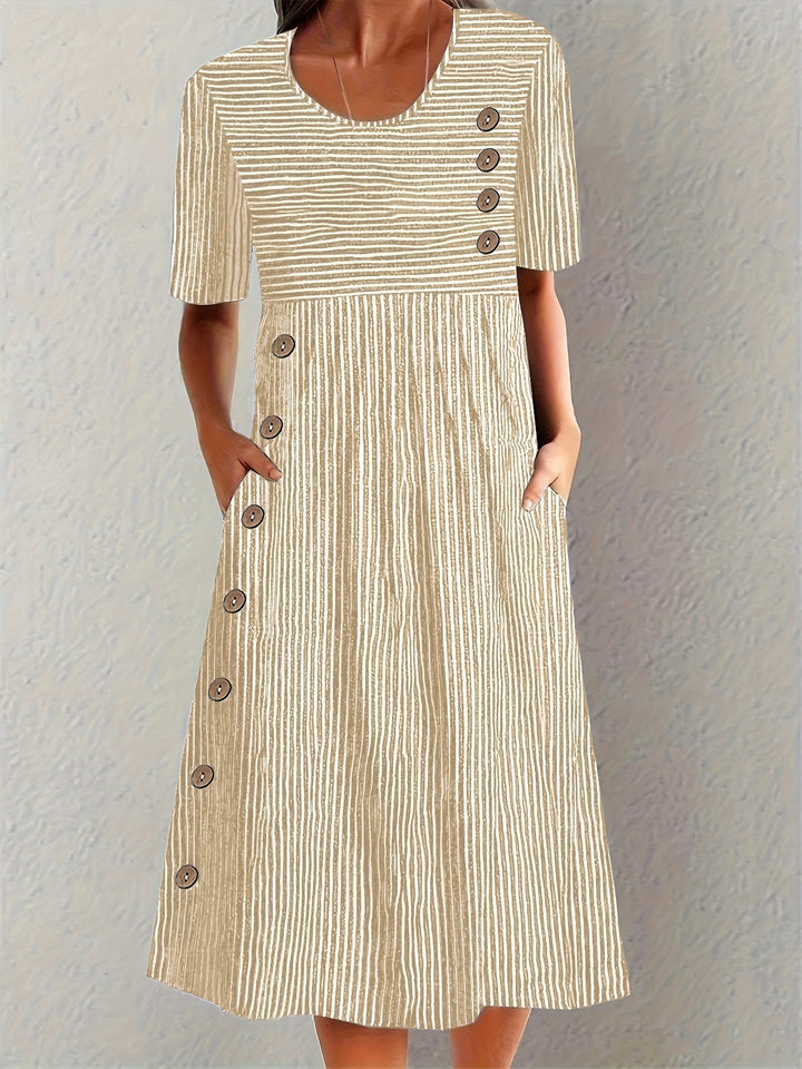 Adeline | Striped Scoop-Neck Short-Sleeve A-Line Midi Dress