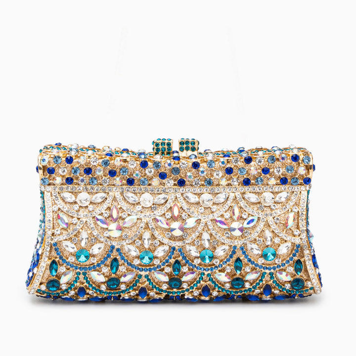 Aubrielle | Crystal-Embellished Clutch in Gold-Blue with Sparkling Rhinestones & Ornamental Pattern – Evening Bag for Women