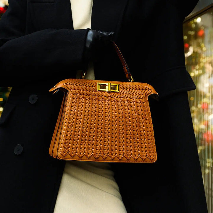 Estelle | Elegant Woven Handbag with Twist Lock & Gold Details