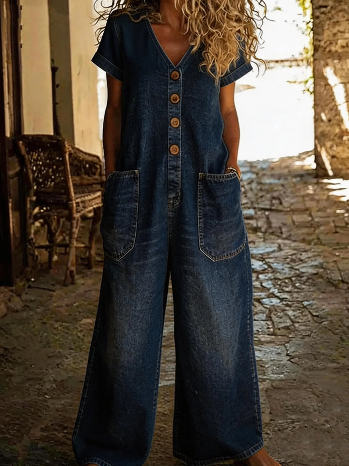 Denise | Denim Jumpsuit with V-neck and Short Sleeves