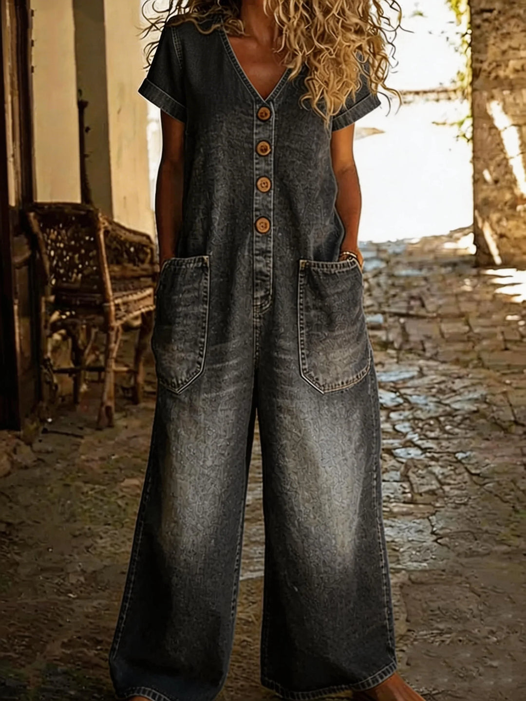 Denise | Denim Jumpsuit with V-neck and Short Sleeves