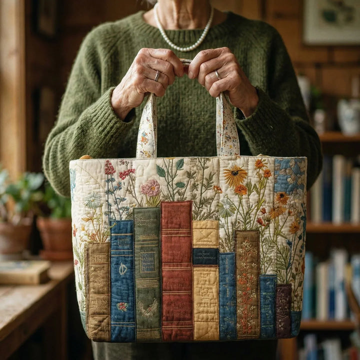 Artisanal Quilted Bag - Books and Flowers