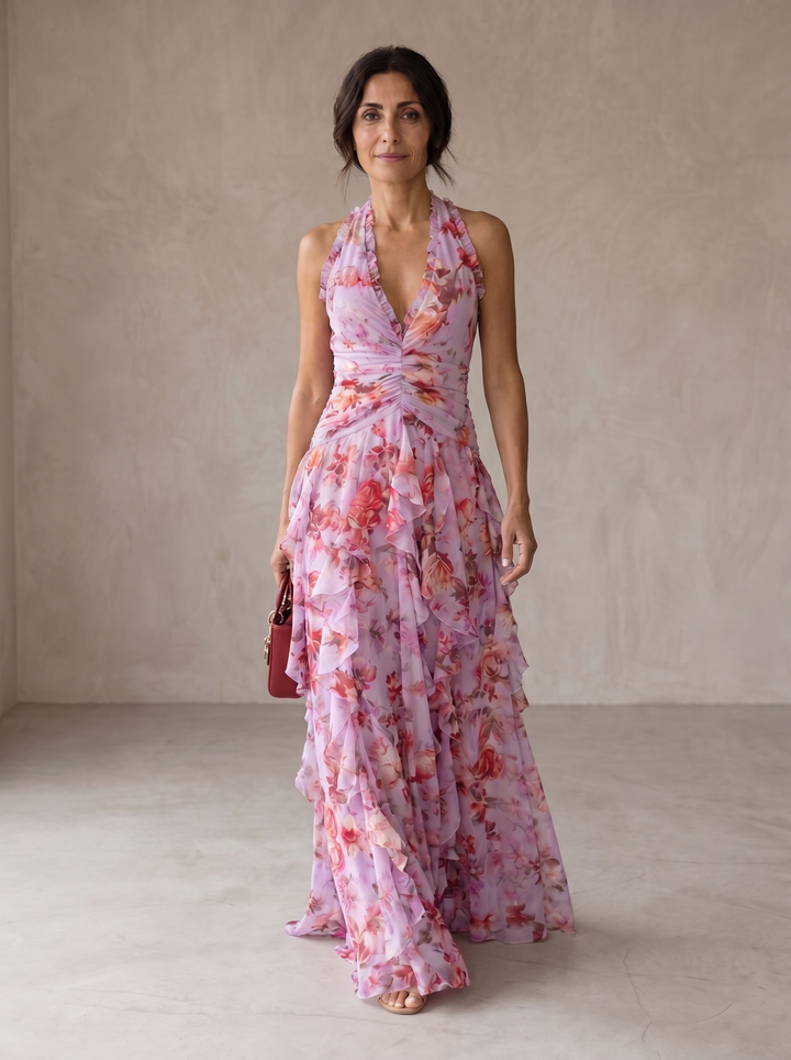Sadie | Rose Print Long Dress with American Neckline