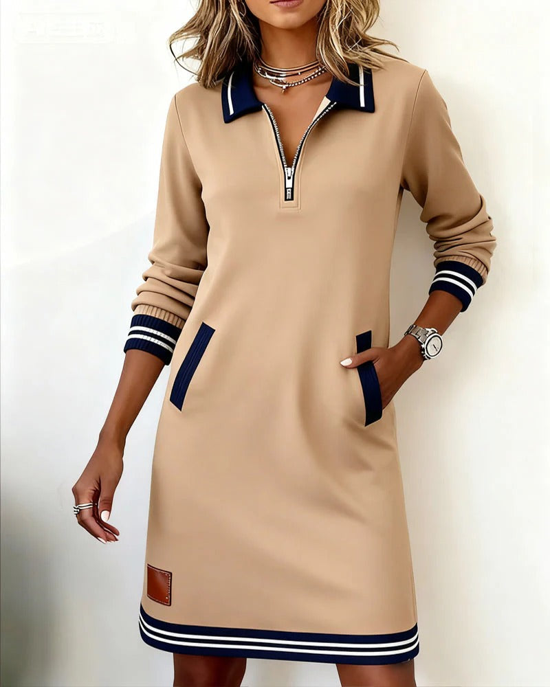 Women's Mini Dress Cotton Long Sleeve Zip-Up Collared With Pockets