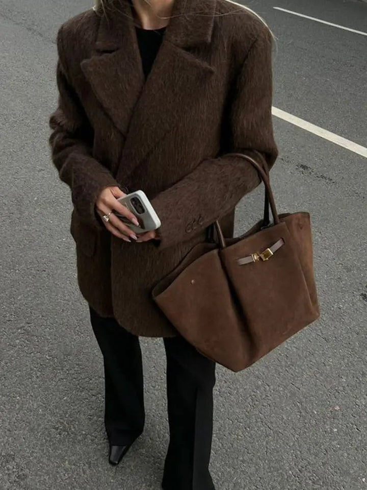 Melany | Structured Tote Bag made of brown suede with gold-colored closure, carrying handle & shoulder strap
