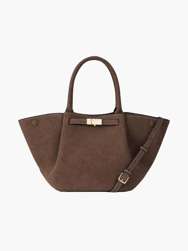 Melany | Structured Tote Bag made of brown suede with gold-colored closure, carrying handle & shoulder strap