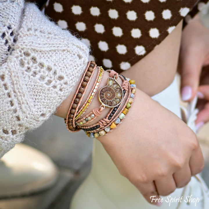 Dahlia | Ammonite Fossil, Sunstone and Wood