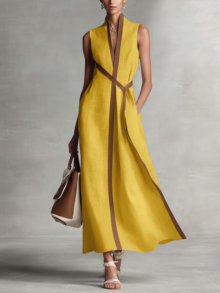 Stand Collar Linen Midi Dress
