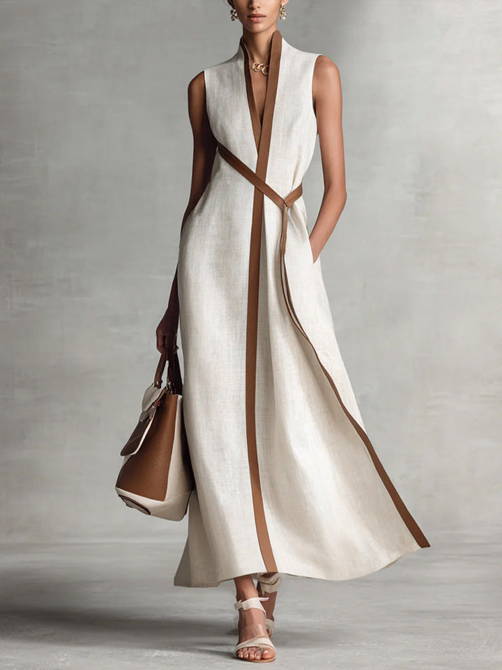 Stand Collar Linen Midi Dress