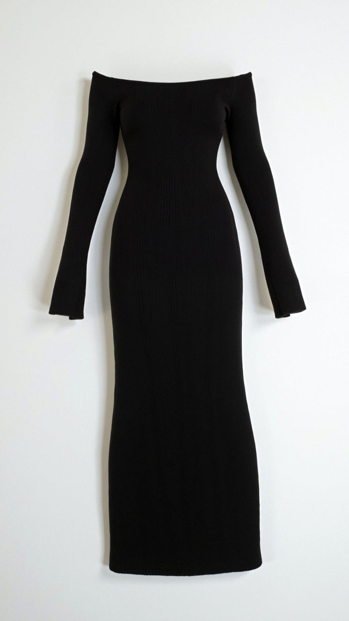 Adaline Kylie Ribbed Maxi Dress with Off-Shoulder Design