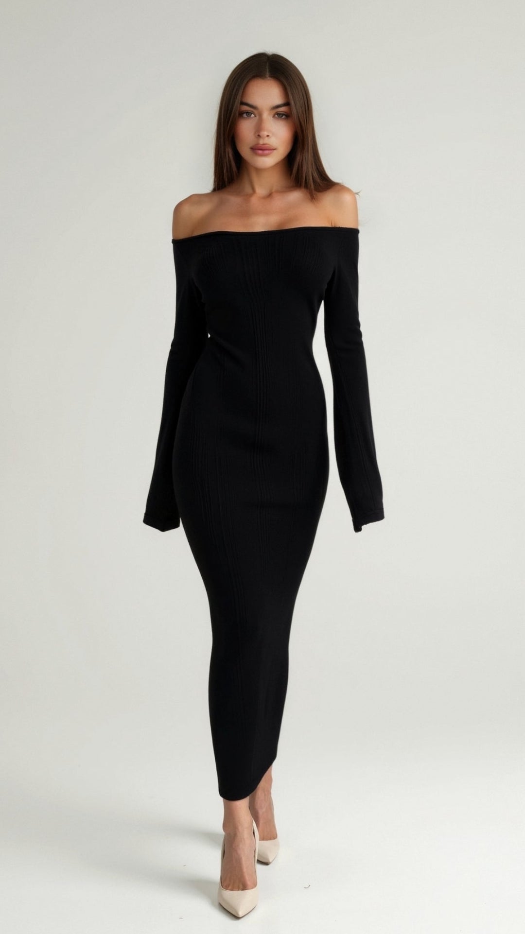 Adaline Kylie Ribbed Maxi Dress with Off-Shoulder Design