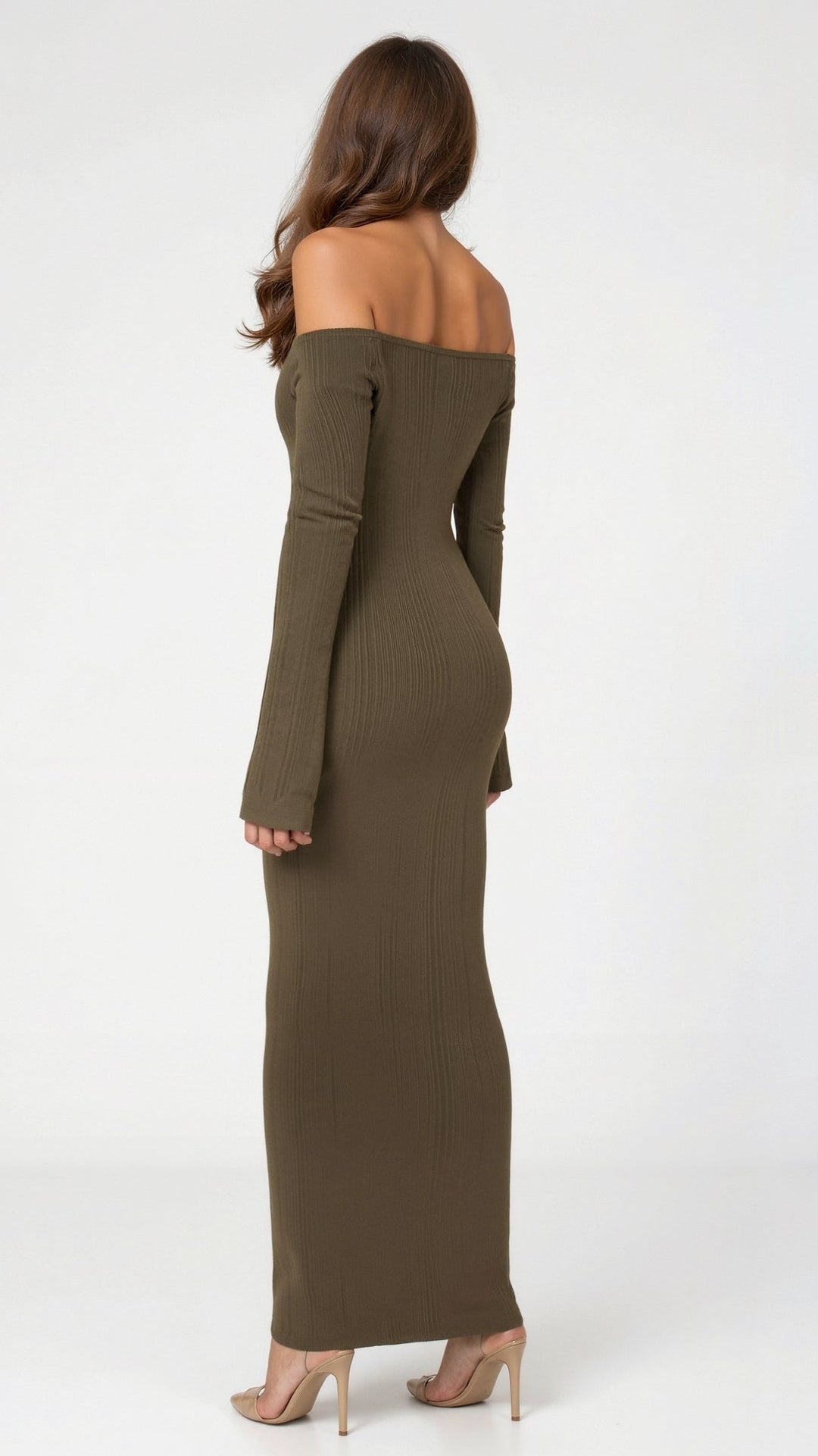 Adaline Kylie Ribbed Maxi Dress with Off-Shoulder Design