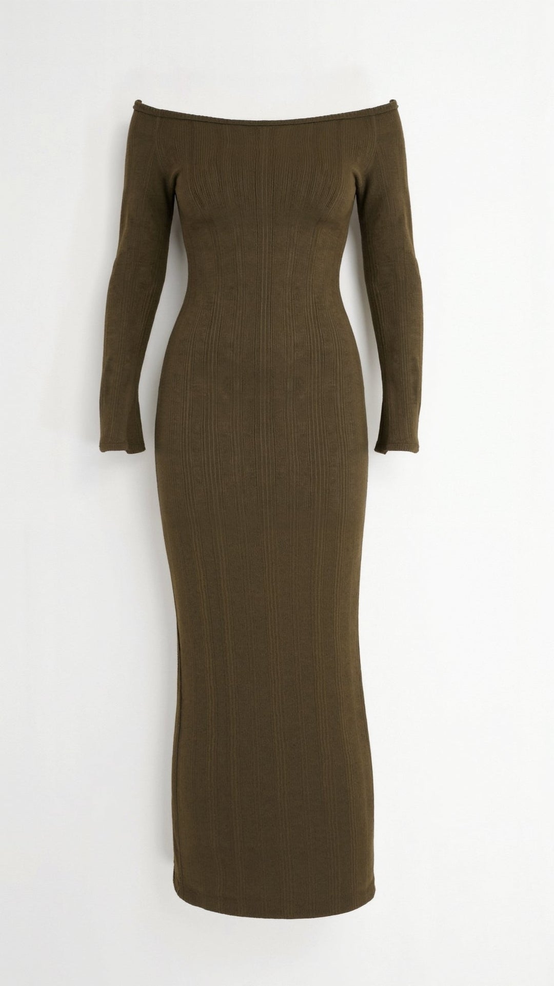 Adaline Kylie Ribbed Maxi Dress with Off-Shoulder Design