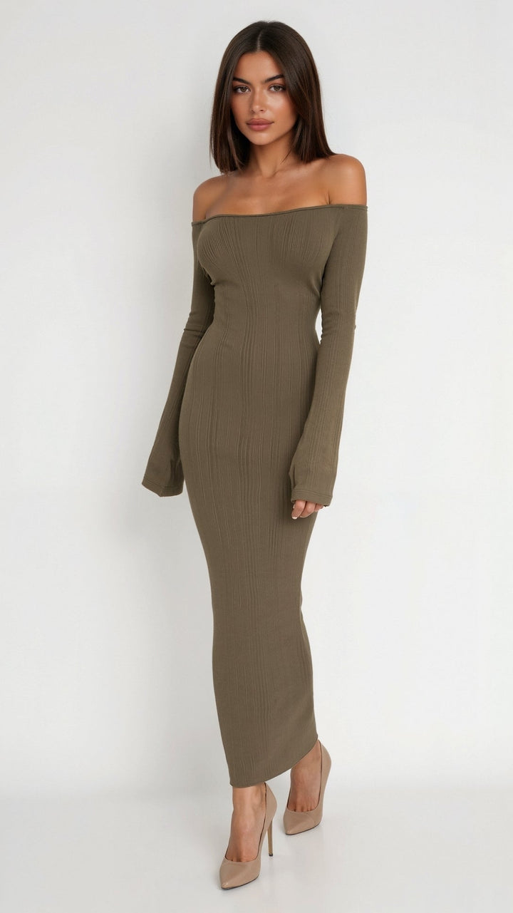 Adaline Kylie Ribbed Maxi Dress with Off-Shoulder Design