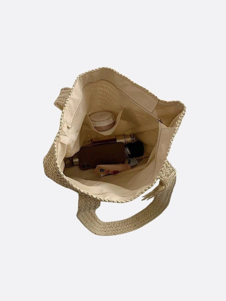 Sienna | Large Straw Bag with Zipper & Shoulder Strap – Summery Women's Tote Bag with Inner Pocket & Decorative Tassel