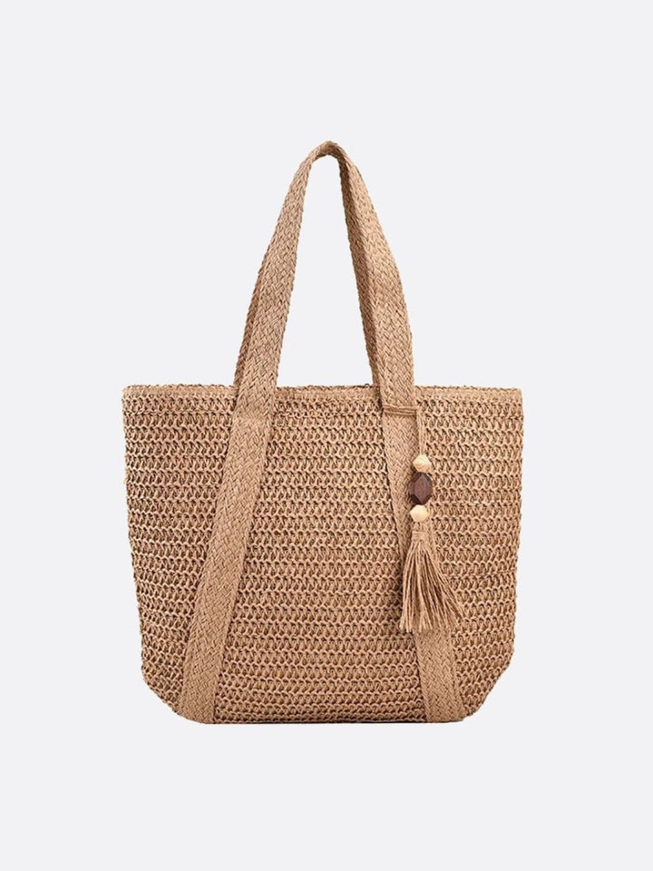 Sienna | Large Straw Bag with Zipper & Shoulder Strap – Summery Women's Tote Bag with Inner Pocket & Decorative Tassel